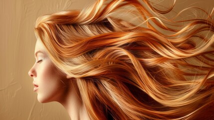 A close-up portrait of a woman with long, wavy, reddish-blonde hair flowing in the wind