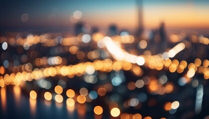 Fototapeta premium Abstract bokeh city lights at night, blurred urban skyline with golden glowing circles and soft blue dusk sky, defocused metropolitan cityscape background for creative design projects