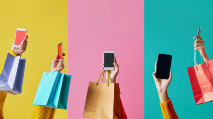 Four hands holding smartphones and shopping bags against a colorful background of yellow, pink, and teal
