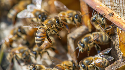 日本の養蜂場の巣ので活動するミツバチ