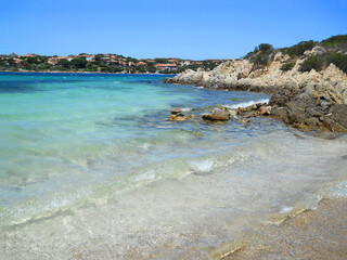 Beautiful sea in Sardinia, Italy. Beach in island Maddalena. Blue clear water sea in Italy. Beautiful background with sea.