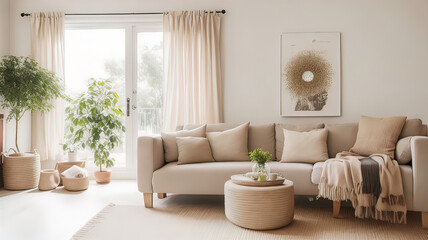 modern villa living room with antique decor and furniture, neutral sofa and jute rug, interior photography. Modern interior,
