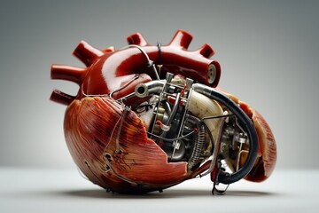 A detailed shot of an artistic mechanical heart combining rich red and brown hues with intricate machinery, reflecting complexity and the marvels of human innovation.