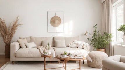 modern villa living room with antique decor and furniture, neutral sofa and jute rug, interior photography. Modern interior,