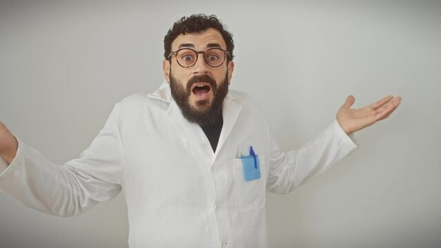 Baffled middle age man in scientist uniform, arms and hands held high in clueless gesture against isolated white background