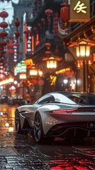 futuristic car driving down a city street at night