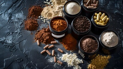 Assortment of Fitness Supplement Powders and Containers on Dark Background