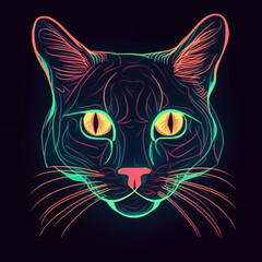 Neon Line Art Cat Illustration with Glowing Eyes on Dark Background