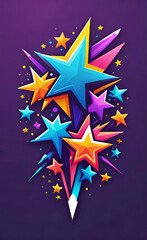 2d flat sticker with shooting stars, bright and neon colors.