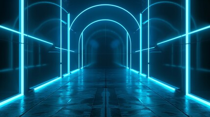 A long, narrow room with blue neon lights, backdrop