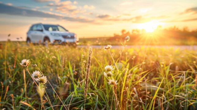 Fototapeta Beautiful grass flowers in the field with sunset soft light of nature Blur filter and vintage tone Roadside background with cars Focus on a specific point