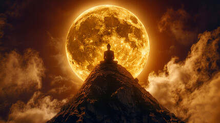 A majestic Buddha statue, silhouetted against the moonlit backdrop of a breathtaking supermoon atop a serene mountain, embodies wisdom and serenity, evoking a profound sense of spiritual contemplation