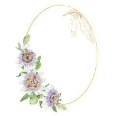 Passion flower and fruit oval frame watercolor with Gold outline. Hand drawn isolated floral illustration. Green and golden ink Passiflora arrangement for product design and packaging.