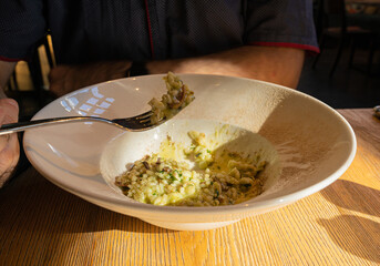 Mushroom Risotto on Elegant Restaurant Plate, Porcini Mushrooms Rissoto, Delicious Italian Risoto Lunch