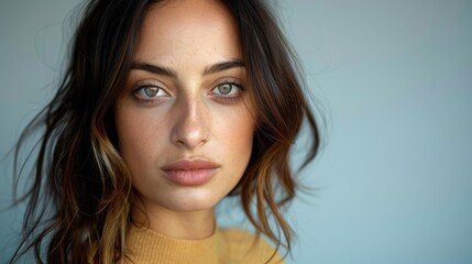 Fototapeta premium A woman with striking green eyes and a natural, relaxed expression. Her dark wavy hair frames her face beautifully, presenting a serene and confident demeanor.