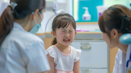 Fototapeta premium 病院 診察中に泣く日本の少女