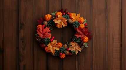 A heart-shaped wreath with fall foliage and mini pumpkins hangs on a brown wooden door