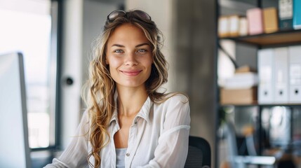 Fototapeta premium A woman with long hair smiling in a bright, modern professional office, wearing a white shirt. The office environment is well-lit, organized, and full of positive energy.