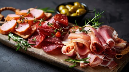 An elegant charcuterie board with a variety of meats, olives, and herbs, beautifully presented to create an inviting and appetizing visual treat for food lovers.