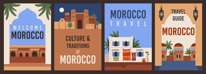 Travel morocco touristic cards. Traditional architecture, muslim country, nature landscape, authentic ornaments, architecture guide banners, ramadan kareem postcard, tidy vector posters set