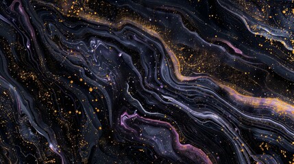 A black and gold swirl pattern with gold and purple specks