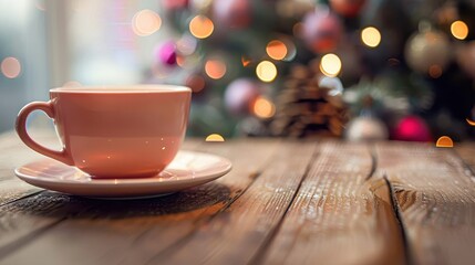 Fototapeta premium A plain cup rests on a wooden table with a beautiful, softly blurred background full of festive and colorful holiday lights, creating a warm and pleasant ambiance.