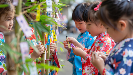 七夕祭りの浴衣を着た子供たちと短冊