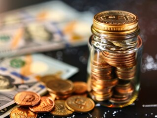 A jar filled with coins surrounded by scattered dollar bills on a table, symbolizing savings, investment, and financial planning.