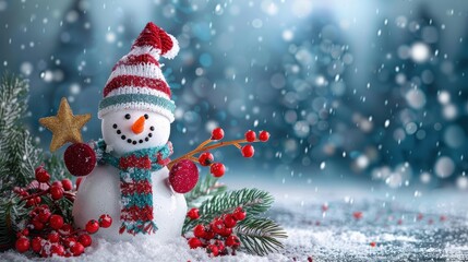 A winter wonderland featuring a cheerful snowman with a striped scarf and hat, surrounded by berries and snow-covered trees, evoking a festive and joyful holiday spirit.