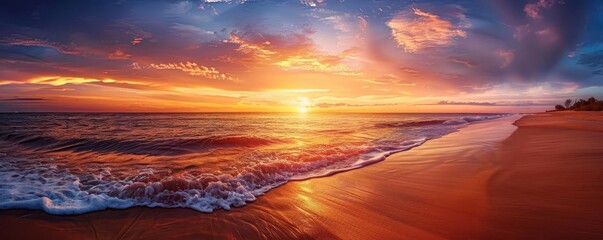 Deserted beach at sunset with golden sand and calm waves