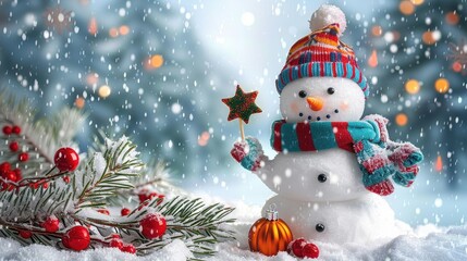 Obraz premium Cheerful snowman holding a star wand, adorned with multicolored hat and scarf, amidst a snowy landscape with decorated pine branches and festive ornaments.