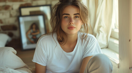 Obraz premium A telephoto angle image of a pensive woman in a white t-shirt sitting on the floor in her bedroom, holding a framed photo of a loved one, lost in memories, environmental scientists
