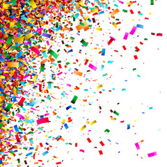 A vibrant explosion of colorful confetti explosion against a white background.