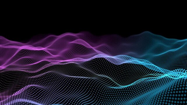 wave particles plexus gradient color background 3d animation loop. Can be used to represent futuristic surface, wireframe technology waveform or network science structure