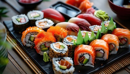 Flat lay of assorted sushi rolls, beautifully arranged with wasabi, pickled ginger, and soy sauce, on a bamboo mat, perfect for food photography and Japanese cuisine lovers