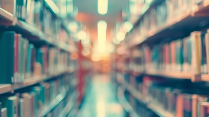 The space inside the public library is blurred. Blurred bookshelf with vintage tone books, learning and education concept background.