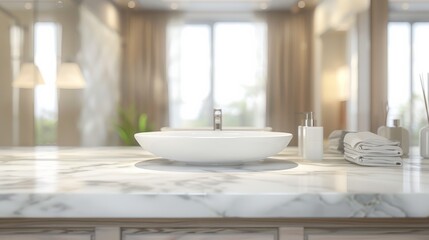 Fototapeta premium Blurred bathroom backgrounds and marble counter tops can be used mockup for product display montages or design layouts.