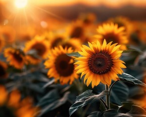 Fototapeta premium Golden field of sunflowers with tall green stems, basking in the warm sunlight, ideal for illustrating the lush, radiant splendor of a summer day in the countryside