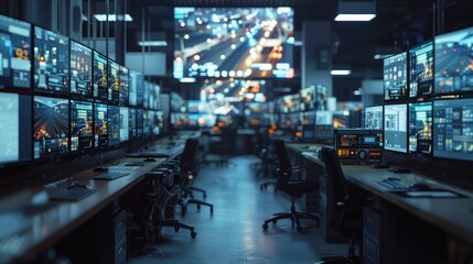 A dispatch room filled with computer monitors showing real-time updates of transportation movements