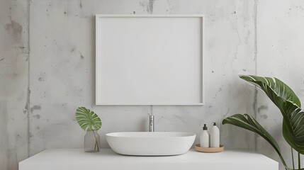 Fototapeta premium Minimalist Bathroom Mockup with Empty Frame on Neutral Background