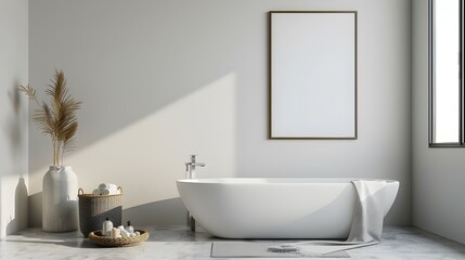 Fototapeta premium Minimalist Bathroom with Empty Frame on Neutral Background 3D Home Mockup
