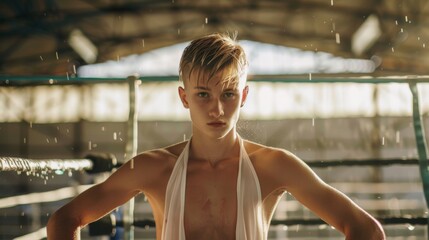 Photograph of a 17-year-old blonde British boxer hanging in the ring on ring ropes, hair cut very short, white boxing trunks. sweat dripping from face
