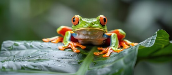 Naklejka premium Vivid Red-Eyed Tree Frog Perched on a Leaf in the Rainforest
