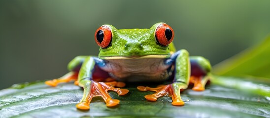 Fototapeta premium Red-Eyed Tree Frog Perched on a Leaf. Vibrant Wildlife Photography