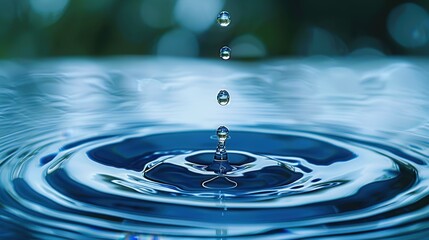 Close-up of a water droplet making contact with a water surface, creating detailed and intricate ripples, captured with high clarity, illustrating the beauty of fluid dynamics.