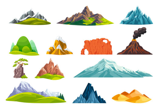 Cartoon rocky mountains. Snowy mountain top, mount relief brown hills canyon relief outdoor rock cliff peak nature elements green forest hill stones, ingenious illustration