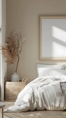 Minimalist Bedroom Featuring a Singular Wall Art Frame in a Clean,Modern Interior