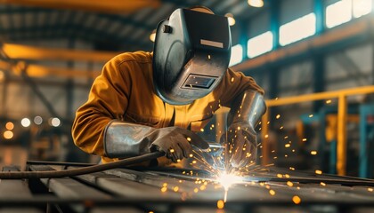 An industrious scene of a welder at work in a modern, well-equipped workshop, generating a shower of sparks as he works on a metal piece, embodying dedication and skill.
