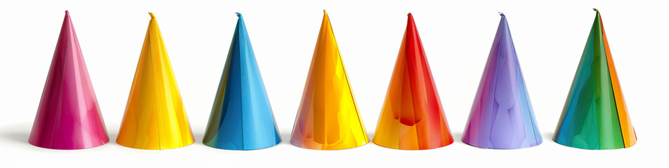 Fototapeta premium A row of colorful party hats in various colors arranged in a line against a white background.