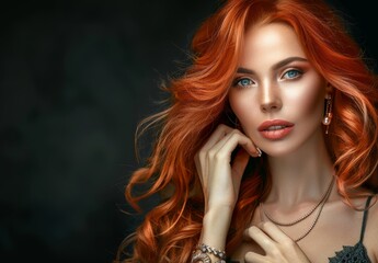 Fototapeta premium Stunning woman with long red wavy hair and makeup posing confidently